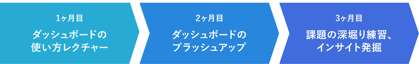 1ヶ月目ダッシュボードの使い方レクチャー 2ヶ月目ダッシュボードのブラッシュアップ 3ヶ月目課題の深堀り練習、インサイト発掘