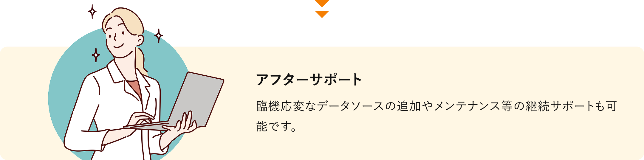 アフターサポート 臨機応変なデータソースの追加やメンテナンス等の継続サポートも可能です。
